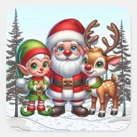 Cute Santa, Elf and Reindeer Christmas  Square Sticker