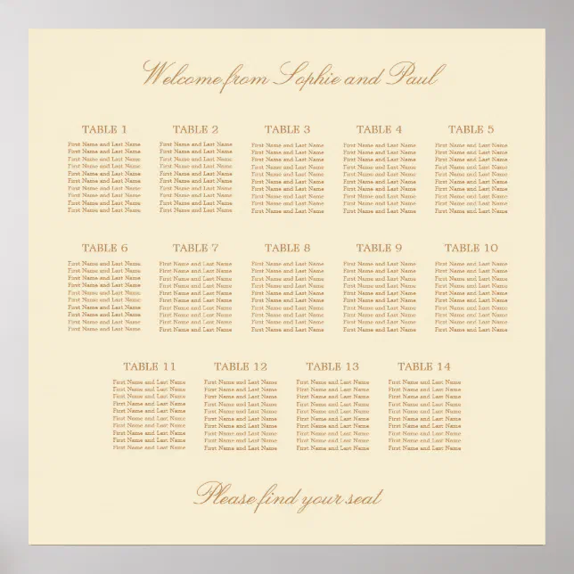 Cream Beige 14 Table Wedding Seating Chart Poster