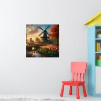 Windmill in Dutch Countryside by River with Tulips Poster