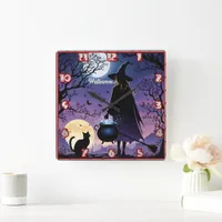 A witch brews potions under the full moon square wall clock