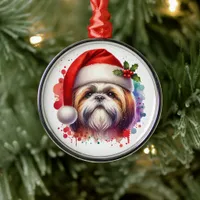 Shih Tzu Dog in Santa Hat Christmas Metal Ornament