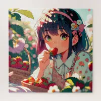 Cute Anime Girl Eating Strawberries | Summer Day Jigsaw Puzzle