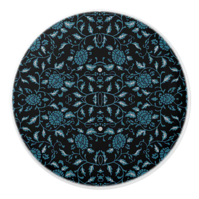 Elegant Flowery Black and Teal Damask Ceramic Knob