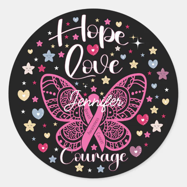 Breast Cancer Hope Love Courage Custom Name Classic Round Sticker