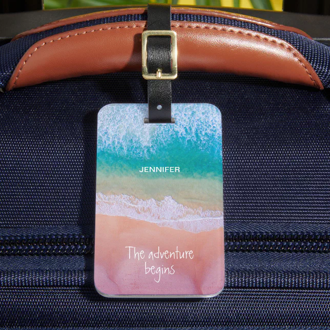 The adventure begins tropical sand beach ocean luggage tag