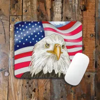 Bald Eagle in front of American Flag Patriotic Art Mouse Pad