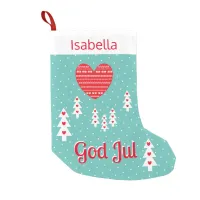 God Jul Scandi Nordic Pine Trees Snow Cute Hearts Small Christmas Stocking