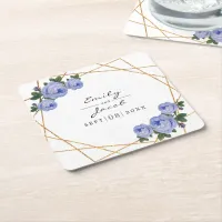 Elegant Gold Glitter Geometric Blue Floral Wedding Square Paper Coaster