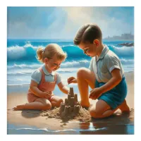 A Little Girl and Boy Building a Sandcastle   Acrylic Print