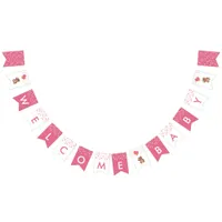 Cute Teddy Bear Welcome Baby Girl Pink Gold Shower Bunting Flags