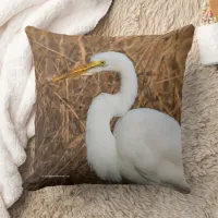 Elegant Great Egret Wading Bird in the Reeds Throw Pillow