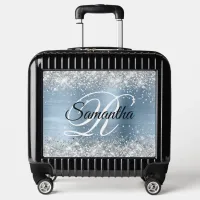 Silver Glitter Light Blue Foil Fancy Monogram Luggage