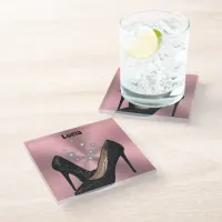 Black Glitter High Heel Shoe on Pink | Glass Coaster