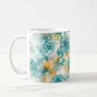 Teal and Yellow Flowers Alcohol Ink Illustration Coffee Mug