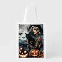 Tattooed Witch and Black Cat Full Moon Halloween Grocery Bag