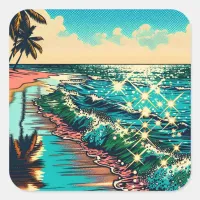 Beautiful Comic Pop Art Style Beach Scene Square Sticker