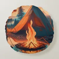Tent and Campfire Vintage Colors Art Round Pillow