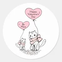 Be Mine Happy Valentine's Day Cats & Balloons Clas Classic Round Sticker