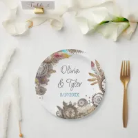 Floral Steampunk Wedding Date and Names Paper Plates