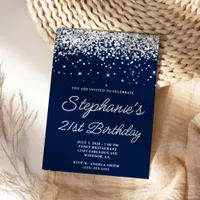 Silver Glitter Midnight Blue 21st Birthday Invitation