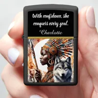 Warrior woman with spirit wolf at dusk zippo lighter