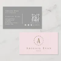 Elegant Blush Pink and Gray Glitter Gold Monogram Business Card