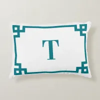 Dark Turquoise Greek Key Border Monogram Accent Pillow