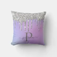 Glam Silver Glitter Drips Elegant Monogram   Throw Pillow