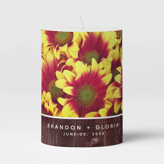 Rustic Autumn Sunflowers on Fence Wedding Pillar Candle