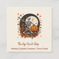 Vintage Halloween Dancing Skeleton Occult Shop Square Business Card