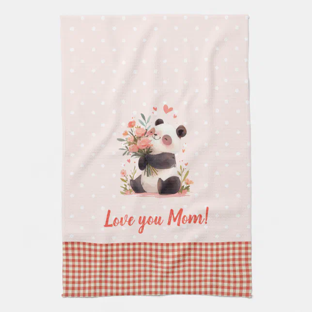 Little Panda Holding Flowers Mothers Day Gift Kitchen Towel