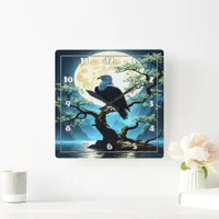 Eagle Perched on Branch Under Full Moonlight Square Wall Clock