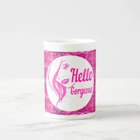 Hello Gorgeous Lovely Lady Face Drawing Typography Bone China Mug