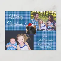 Merry Christmas Family Photo Blue Plaid Postcard