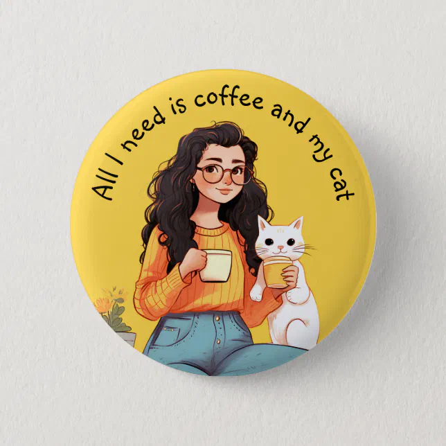 Happiness is Coffee & Cat Cute Yellow Button