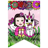 Happy Birthday Red  Pink and Purple Unicorn Fairy Bunting Flags