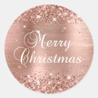 Glittery Rose Gold Foil Merry Christmas Classic Round Sticker