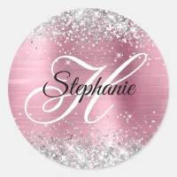 Silver Glitter Light Pink Foil Fancy Monogram Classic Round Sticker