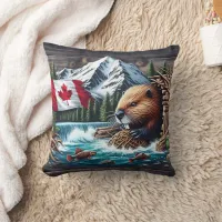 Beaver Near Canadian Flag and Mountain Stream Throw Pillow