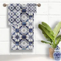 Mosaic Moroccan Tile Pattern#2 Blue White ID1078 Bath Towel Set