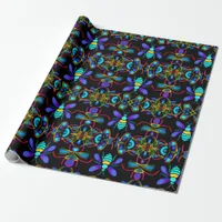 Vibrant Neon Honeybee with Abstract Hexagonal  Wrapping Paper