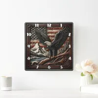 Majestic Eagle With Mountains and American Flag Square Wall Clock