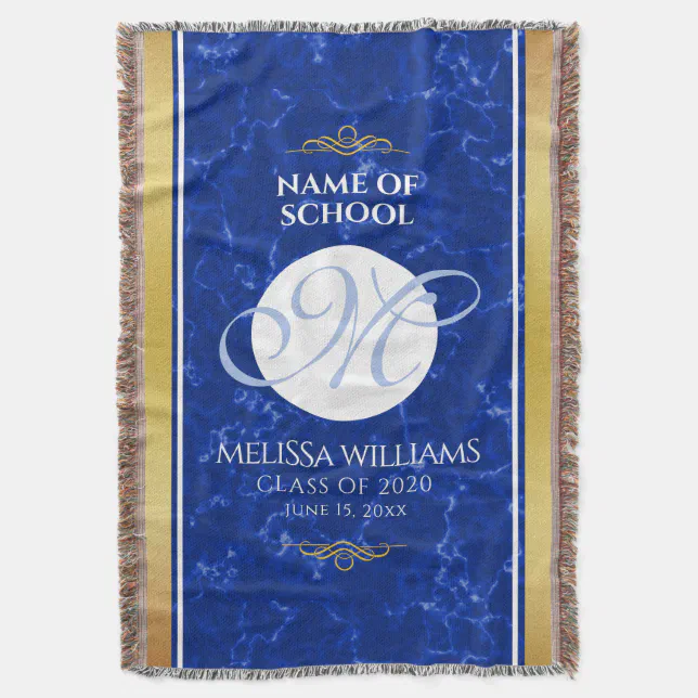 Elegant Graduation Monogram Blue Marble Gold Foil Throw Blanket