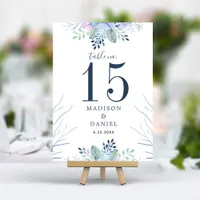 Rustic Winter Floral Navy Blue Watercolor Wedding Table Number