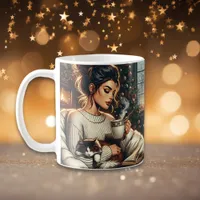 Cozy Scene | Woman Drinking Cocoa with Cat Coffee Mug