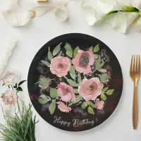 Watercolor Pink flowers on Black Paper Plates