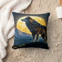 Majestic Wolf Against Moonlit Peaks.  Throw Pillow