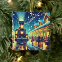 Vintage Trains on a Snowy Night Personalized Ceramic Ornament