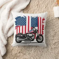 Motorcycle with American flag background Throw Pillow