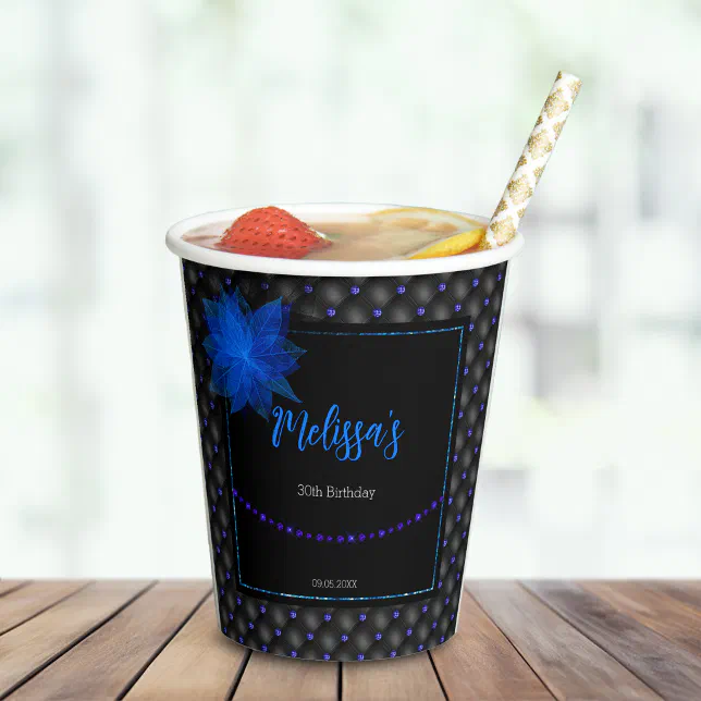 Elegant Black and Blue Birthday Paper Cups